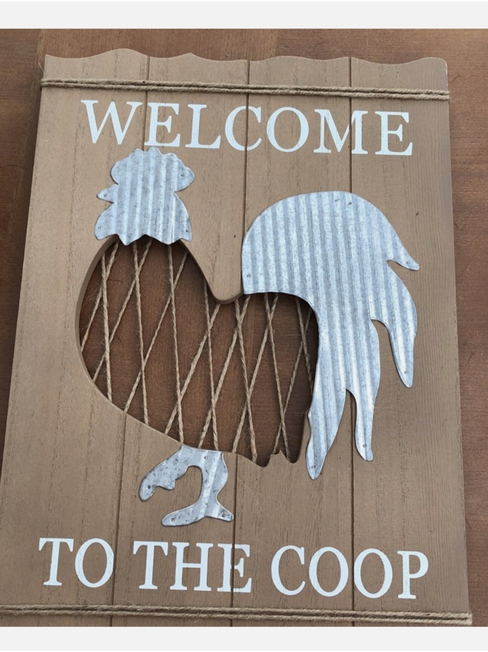 Welcome to the Coop Rooster Wall Sign - Neutral Wood & Galvanized Metal